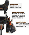 Carpenter Tool Belt With Suspenders 39 Pockets Padded 4 Inch Belt Kit, displayed on mannequin, detailed size guide