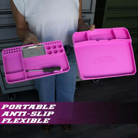 Two Piece Flexible Silicone Tool Organizer Tray Set In Pink For Safe Slip Resistant Storage Grab And Go Magnetic Tray
