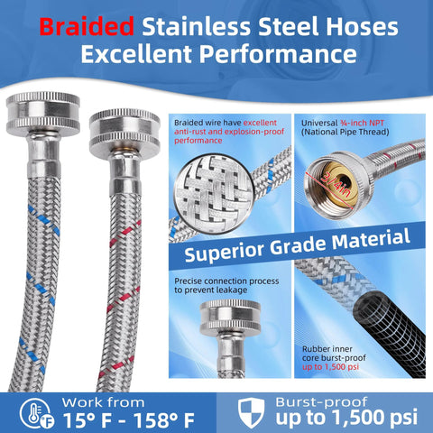 Stainless steel braided washing machine hoses, 4 ft, 3/4 in NPT, red/blue color-coded, 2-pack