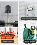 Collage showing garage shovel holder, storage folding ladder, plant stand, and Heavy Duty Garden Hose Holder Wall Mount.