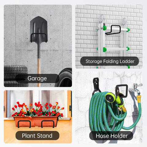 Collage showing garage shovel holder, storage folding ladder, plant stand, and Heavy Duty Garden Hose Holder Wall Mount.