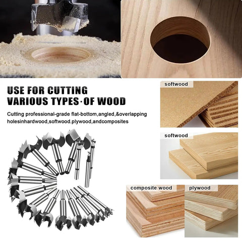 Precision Forstner Bit Set In Sizes Spanning A Quarter Inch Up To Two One Eighth featuring various cutting applications in wood.