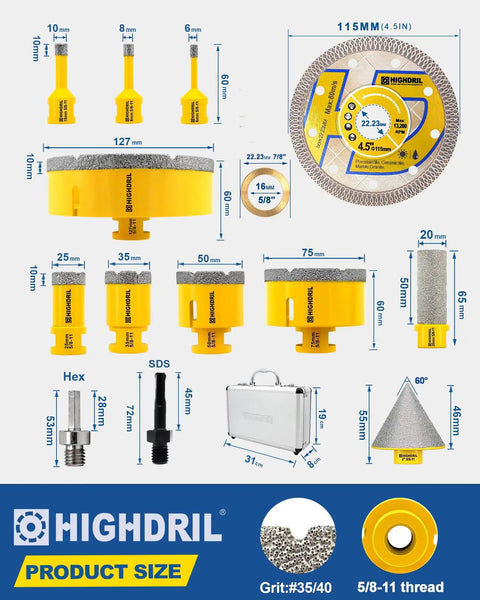 13-Piece Diamond Tile Hole Saw Kit For Ceramic Porcelain Granite Marble, detailed view with core bits, milling and chamfer bits