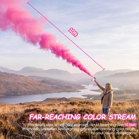 Big Time Gender Reveal Sprayers 2 Pack Biodegradable Color Powder Blasters in use creating 10ft pink smoke cloud outdoors.