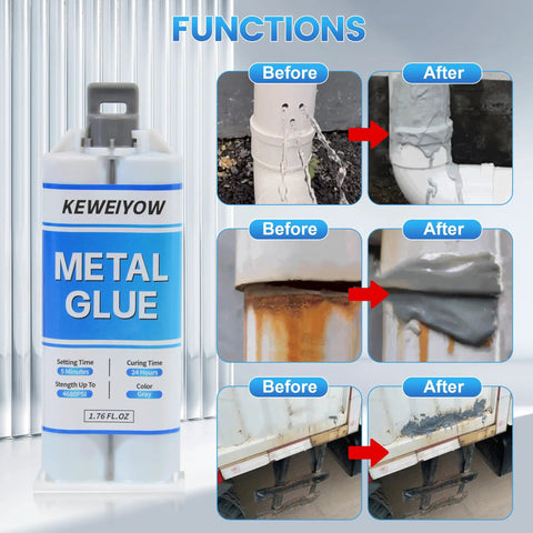 Heavy Duty Metal Epoxy Glue Waterproof Liquid Welding Adhesive For DIY Automotive Body Filler And Exhaust Repair Kit Bonds Metals Plastics Stainless Steel Iron Aluminum One Point Seven Six Ounce with before and after repair examples.