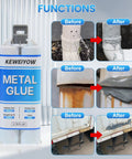 Heavy Duty Metal Repair Glue 1.76oz Epoxy Weld for quick bonding waterproof cold weld liquid adhesive bonds metal surfaces with 1 to 1 syringe kit, shown with before and after repair examples on metal pipes and surfaces.