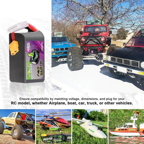 Dual Pack 22.2V 1550mAh 150C LiPo Battery With XT60 Plug For FPV Drones And Quads, shown with RC vehicles