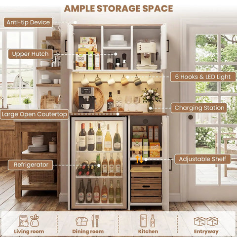 Mini Fridge Cabinet With Built In Charging Hub Power Outlets USB Ports LED Mood Lighting Microwave Shelf And Beverage Station White Kitchen Dorm Office Bar Cabinet For Liquor Coffee And Snacks with ample storage space.