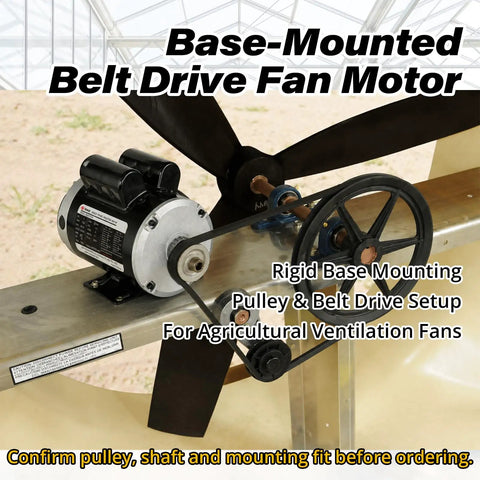 Base-Mounted Belt Drive Fan Motor for agricultural use, pulley setup shown, built like a tank, 1 HP farm duty.