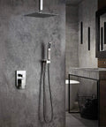 Heavy Duty Brushed Nickel Wall Mount Shower Combo Features A Square Ten Inch Ceiling Rain System And Handheld Spray Unit Crafted From Solid Brass For Knockout Water Pressure On Your Daily Grind, showcasing 10-inch rain shower head.
