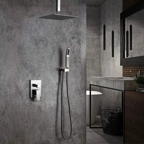 Heavy Duty Brushed Nickel Wall Mount Shower Combo Features A Square Ten Inch Ceiling Rain System And Handheld Spray Unit Crafted From Solid Brass For Knockout Water Pressure On Your Daily Grind, showcasing 10-inch rain shower head.