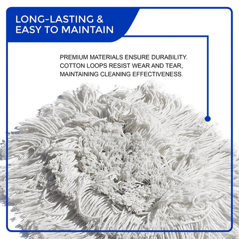 Heavy Duty Cotton Wedge Dust Mop Head For Hardwood Floors And Commercial Janitorial Use Rock Solid With Hand Stitched Yarn close-up of cotton loops.