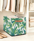 13 Inch Foldable Cube Storage Bins With Reinforced Handles Heavy Duty Waterproof Fabric Closet Organizer in tropical leaf design.