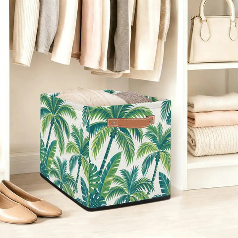 13 Inch Foldable Cube Storage Bins With Reinforced Handles Heavy Duty Waterproof Fabric Closet Organizer in tropical leaf design.