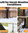 Fence Post Repair Kit Beefed Up Heavy Duty 11 Gauge Steel Anchor Bracket shown in various weather conditions.