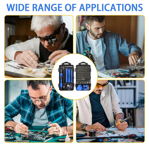 115 In 1 Precision Screwdriver Set With Magnetic Bits And Non Slip Handle Pro Quality Repair Kit displayed with various applications
