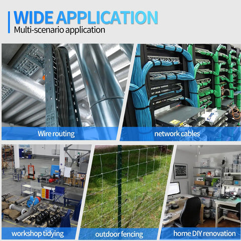 Collage showing applications for 8 Inch Mountable Cable Zip Ties Kit With 200 Screws, networks, workshops, and outdoor setups