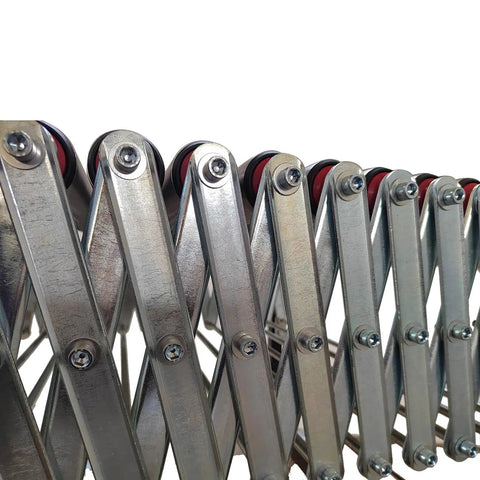 Close-up of metal rollers on unpowered portable flexible conveyor with height adjustable 29.5 to 45.3 inches and expandable length.