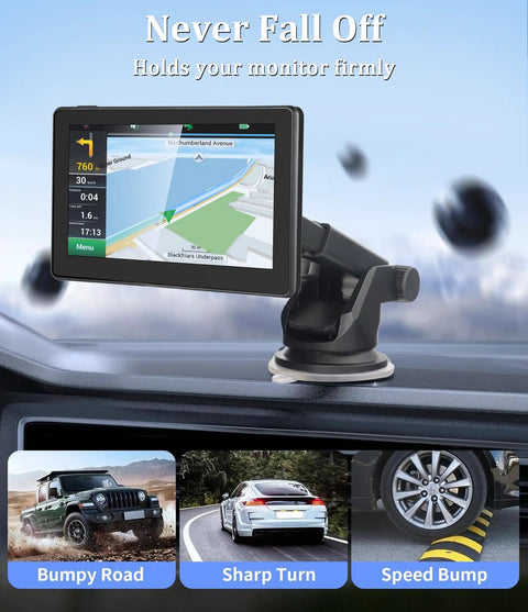 Universal Screen Mount For In Car Dash CarPlay Monitor Stand Plug And Play Setup Suction Cup Holder with GPS display on dashboard.