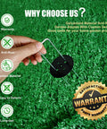 A hand holding a galvanized U-shaped stake with a fixing gasket on green grass. Heavy Duty Galvanized Landscape Staples Kit With 50 U Shaped Stakes 6 Inches Long 11 Gauge Plus 50 Fixing Gaskets And 1 Pick Hook For Weed Barrier Ground Cover Sod Fabric Lawn Decor.