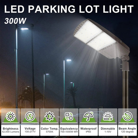Go To 300W LED Parking Lot Shoebox Lights With Dusk To Dawn Photocell, nighttime view illuminating parking area