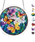 Colorful round acrylic art with butterfly and flower design, part of 83 Piece Acrylic Suncatcher Puzzle Kit With Forget Me Not Pattern.