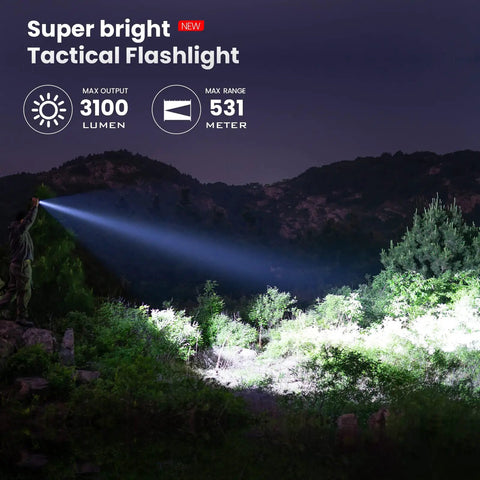 Person using C8L Rechargeable Tactical Flashlight With 3100 Lumens Beast Mode Brightness And 531 Meter Throw, illuminating forest.
