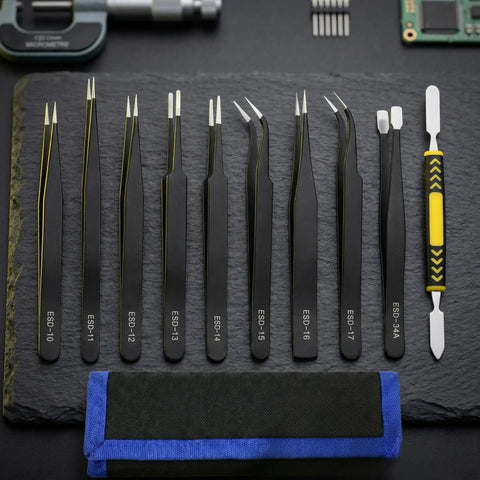 Must Have Pro Grade Precision Tweezers Kit, 10 Piece, ESD Safe Stainless Steel Fine Tip Set With Storage Bag And Pry Tool For Electronics Repair, Soldering, Jewelry Making, Lab And Model Work