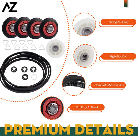 Components of Must Have Dryer Repair Kit With Belt, Drum Rollers And Idler Pulley For 3000 Series Dryers, Compatible With MEDE500VW1 MEDE300VW1