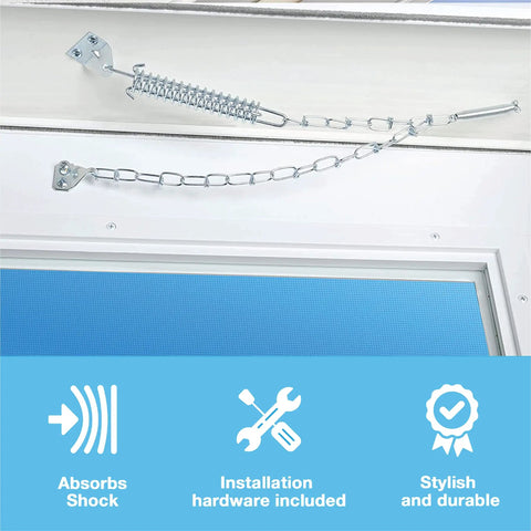 Heavy Grit Zinc Steel Wind Chain For Storm And Full View Screen Doors Adjustable Shock Absorber Retainer mounted with hardware.