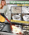 Woman using Super Powerful 1050W Handheld Steam Cleaner With 11 Pieces Accessories on kitchen surfaces, showcasing steam cleaning before and after.
