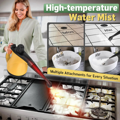 Woman using Super Powerful 1050W Handheld Steam Cleaner With 11 Pieces Accessories on kitchen surfaces, showcasing steam cleaning before and after.