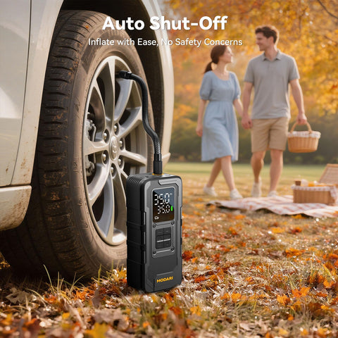 Cordless Tire Inflator With Gauge Up To 160 PSI Portable Car Air Pump in use beside car wheel outdoors