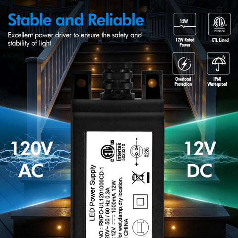 120V AC to 12V DC power supply for 16 Pack LED Recessed Deck Lights With Protective Shell IP68 Waterproof Warm White 0.6W Kit
