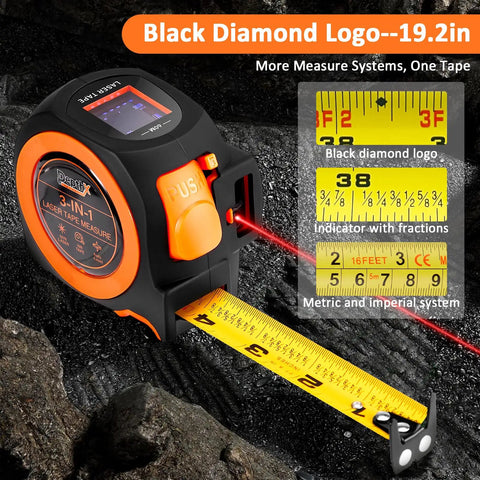 3-in-1 Laser Tape Measure With 197 Ft Laser Range And 16 Ft Manual Tape, Digital Level, Handy Distance Meter For Home Improvement, DIY Projects, Quick Accurate Readouts, black and orange