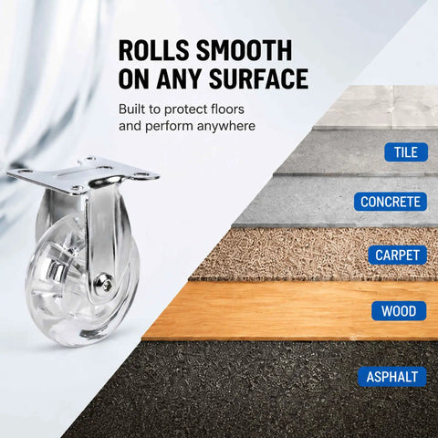 Clear Three Inch Caster Wheels Set Of Four, Heavy Duty Polyurethane Rollers with swivel lock on various floor surfaces.