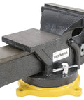 Heavy Duty 6 Inch Swivel Base Bench Vise One Hand Quick Release Tool Clamp with polished anvil, side view displaying sturdy jaw.