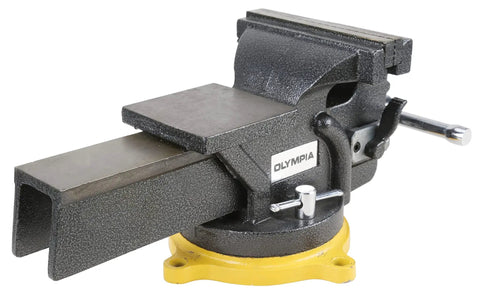 Heavy Duty 6 Inch Swivel Base Bench Vise One Hand Quick Release Tool Clamp with polished anvil, side view displaying sturdy jaw.