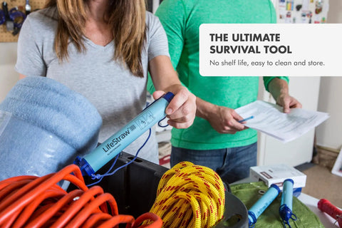 Two people holding a Personal Water Purifier For Hiking Camping Travel And Emergency Prep Delivers Safe Drinking Water By Filtering Out Bacteria Parasites And Microplastics So You Can Stay Ready For Any Backcountry Adventure in a survival prep setting.