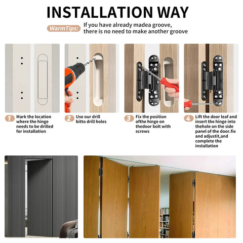 Installation guide for Built Tough 6-Inch Hidden Door Hinge With 3 Way Adjustable Concealed Mechanism Heavy Duty Steel Construction.