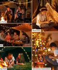 Rechargeable 32.8ft Camping String Lights With 8 Modes Waterproof Portable LED Lamp used in various settings including bedroom, backyard, and tent.