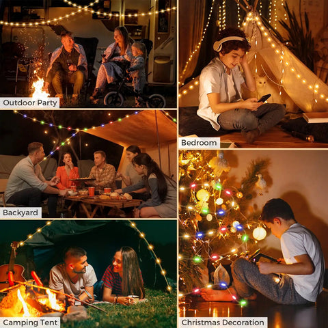 Rechargeable 32.8ft Camping String Lights With 8 Modes Waterproof Portable LED Lamp used in various settings including bedroom, backyard, and tent.