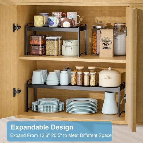 Built Tough Expandable Cabinet Shelf Organizer Set Featuring Adjustable Countertop Storage Rack To Knock Out Clutter And Keep Your Kitchen Stuff Locked In, two-tier storage with jars and mugs.