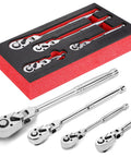 Four Piece Inch Drive Ratchet Set With Flexible Head And Quick Release displayed in foam packaging, showing 1/4, 3/8, 1/2 inch drive sizes.