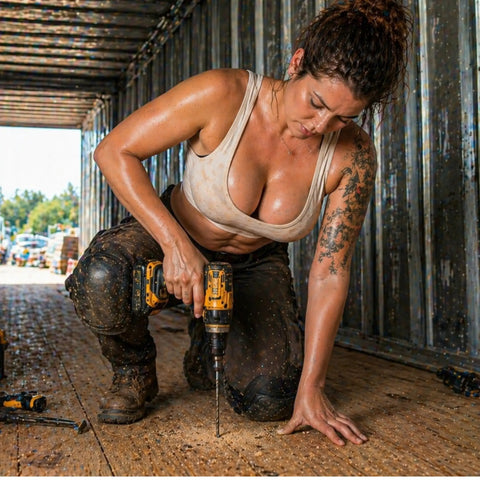 Woman installing wood flooring in a trailer using a drill, demonstrating practical use of Ride Tough 5/16-18 By 2-1/2 Inch Trailer Deck Screws.