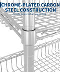 Close-up of chrome-plated carbon steel construction of Rock Solid 4 Tier Adjustable Wire Storage Rack heavy duty industrial shelving.