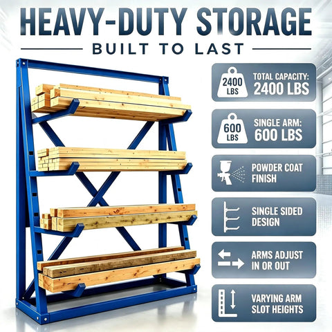 Beast Mode Cantilever Storage Rack Four Tier Steel Frame Supports Two Thousand Four Hundred Pounds For Lumber Pipes Metal Sheets And Garage Workshop Setup