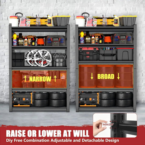 Garage Shelves 4 Tier Metal Storage Rack In Black 63 Inch High By 45 Inch Wide By 16 Inch Deep with adjustable shelves.