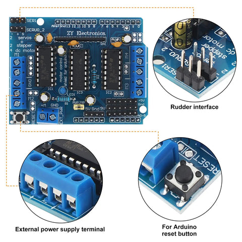 4 Way L293D DC Motor Driver Shield For Arduino Uno Mega Raspberry Pi Expansion Board with detailed component view