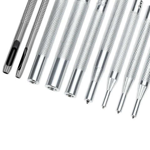 Heavy Duty Hole Punch Set 11 Piece Carbon Steel Punch And Rivet Tool Kit with round die punches 2.5mm to 15mm close-up view